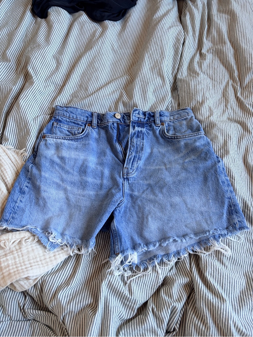 Reformation Light Blue High-Rise Frayed Denim Shorts